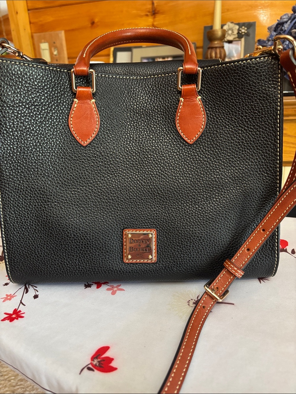 Dooney & Bourke Black Pebbled Leather Satchel with Brown Trim and Gold Hardware